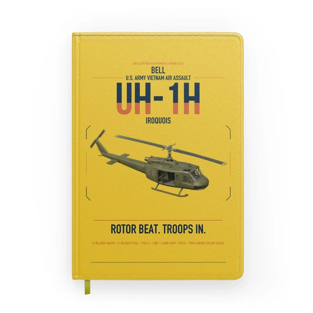 Bell UH-1H Iroquois design on yellow notebook