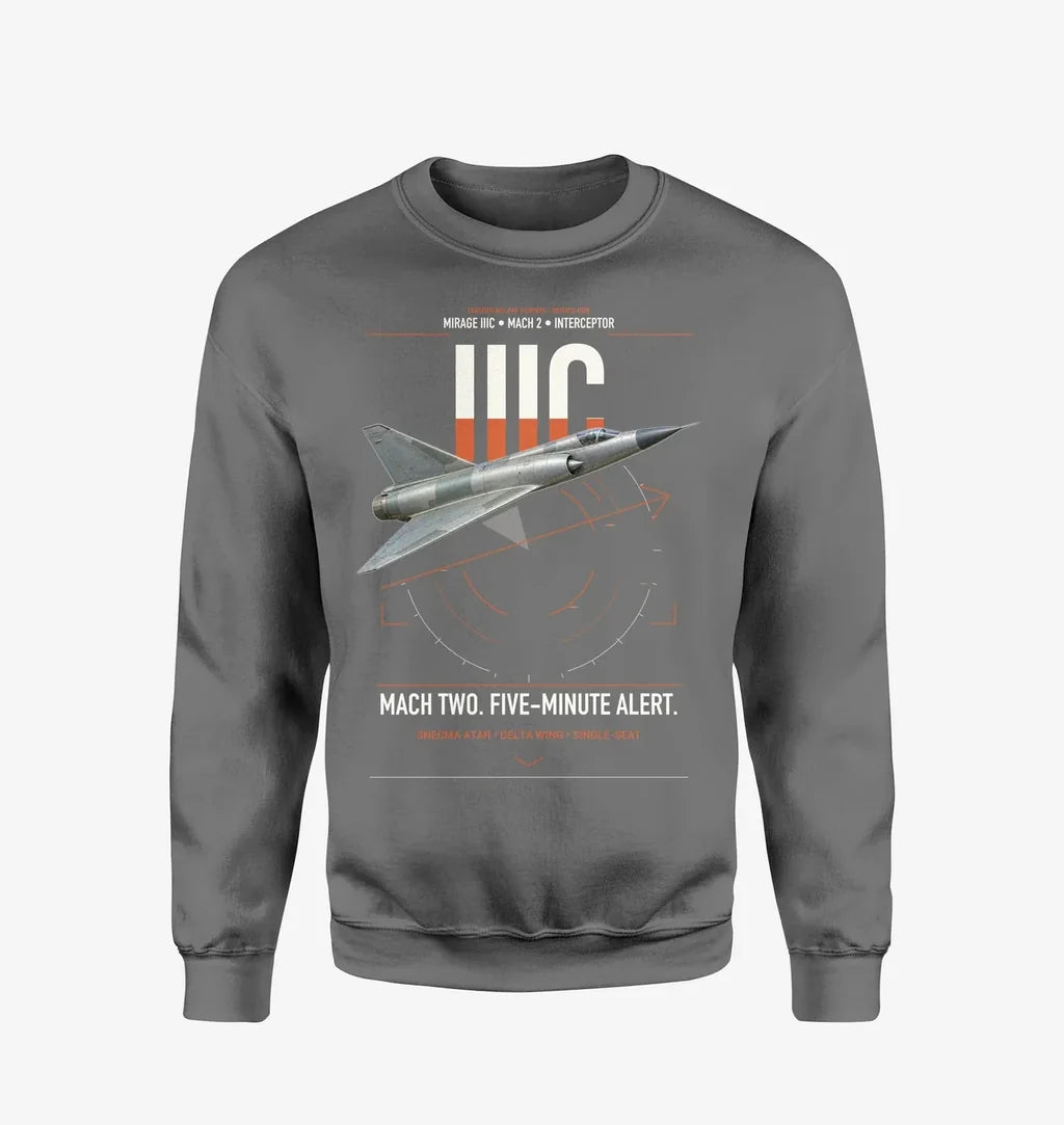 Dassault Mirage IIIC design on gray sweatshirt