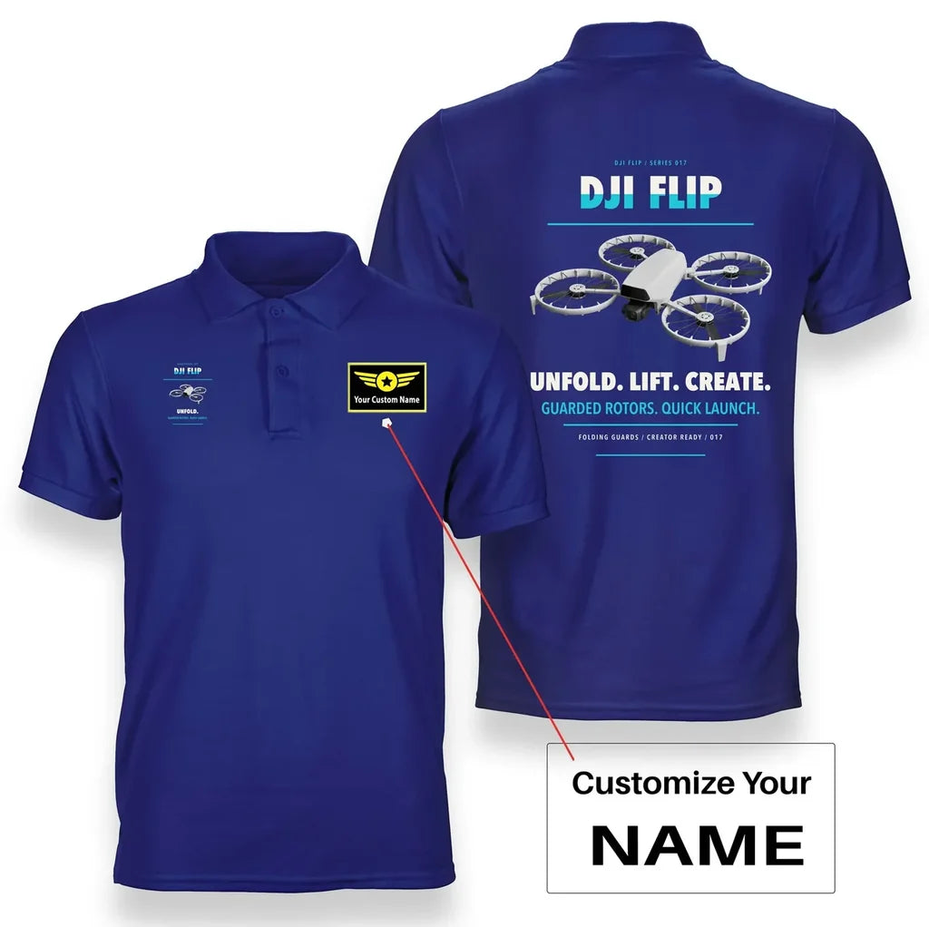DJI Flip design on blue polo with custom name badge