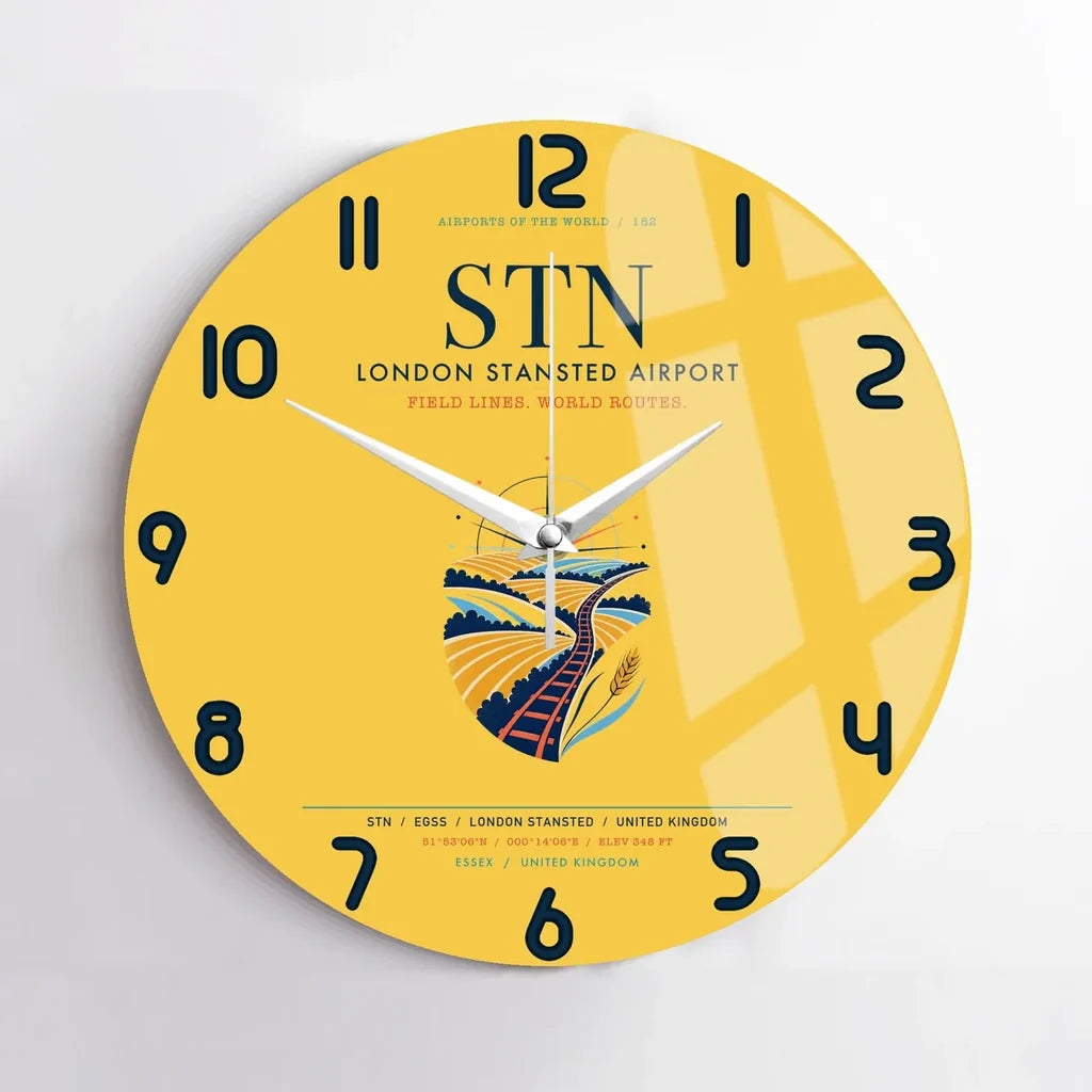 London Stansted Airport (STN) design on yellow no frame wall clock