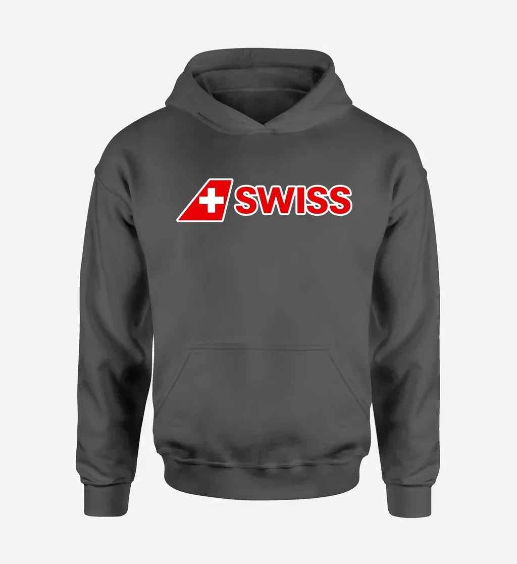 Swiss International Airlines logo printed on dark gray hoodie