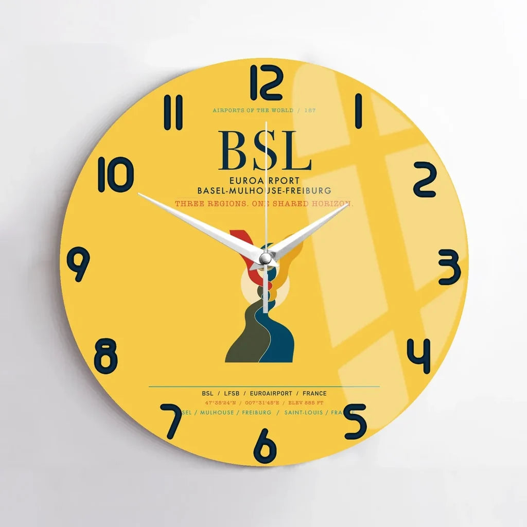 EuroAirport Basel-Mulhouse-Freiburg (BSL) design on yellow no frame wall clock