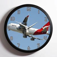 Thumbnail for Departing Qantas Airlines Boeing 747 aviation design on premium wood and metal wall clock.