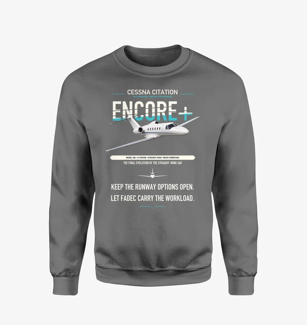 Cessna Citation Encore+ design on gray sweatshirt