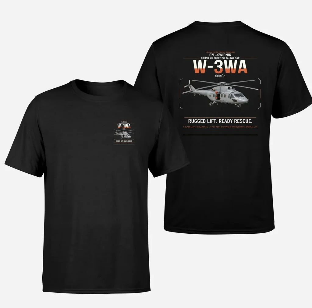 PZL-Świdnik W-3WA Sokół design on black t-shirt, double-side print