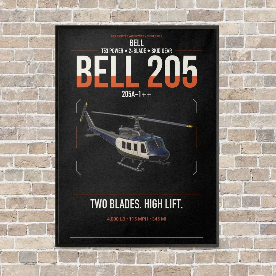 Bell 205A-1++ vertical canvas print - framed - black background