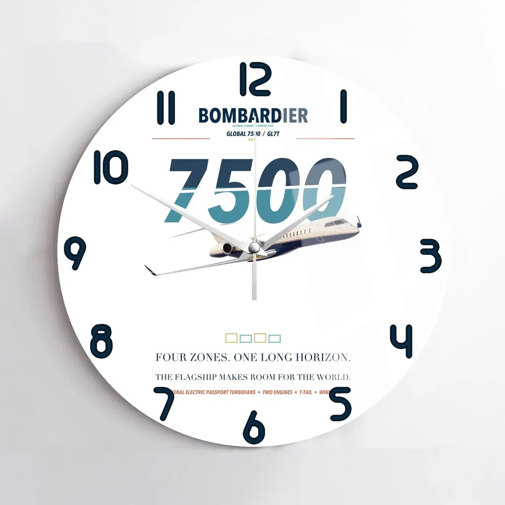Bombardier Global 7500 design on white no frame wall clock