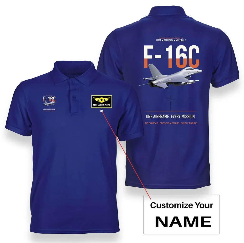 F-16C FIGHTING FALCON design on blue polo with custom name badge
