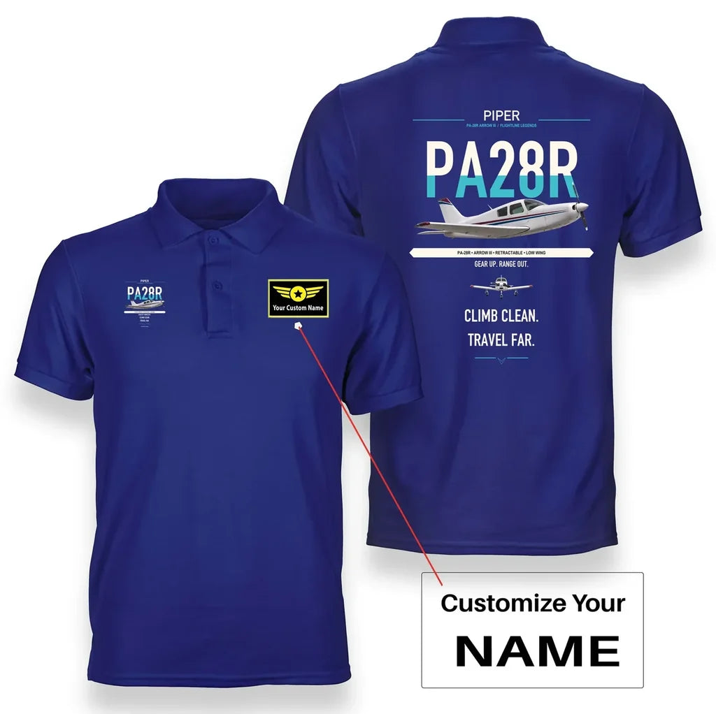 Piper PA-28R Arrow III design on blue+name double-side polo t-shirt, double-side print