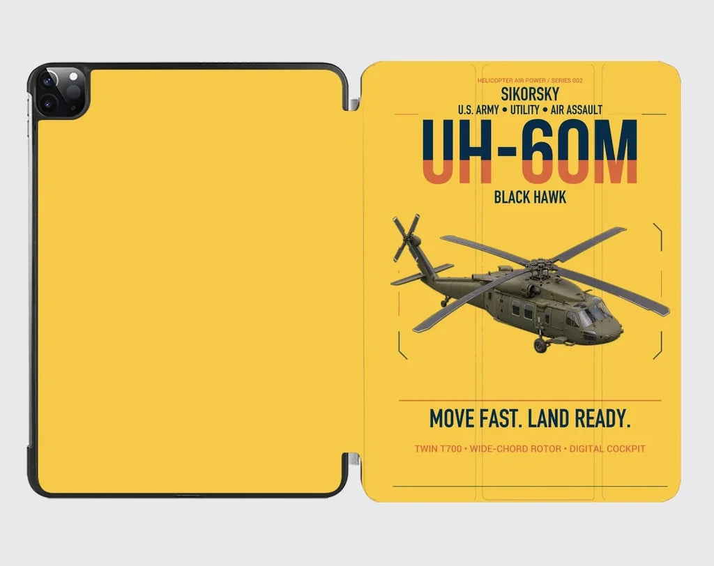 Sikorsky UH-60M Black Hawk design on yellow ipad tablet case