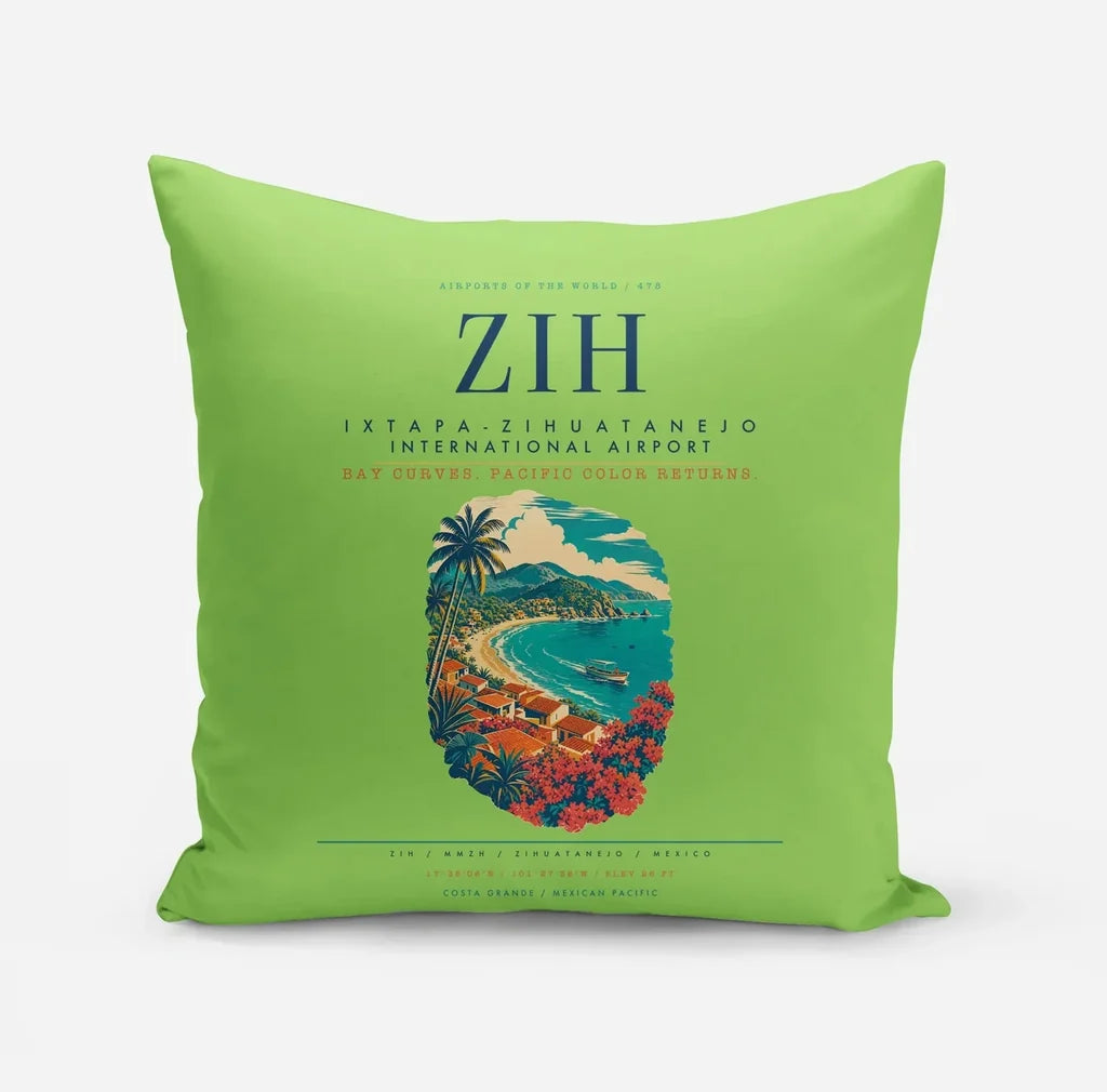 Ixtapa-Zihuatanejo International Airport (ZIH) design on light green pillow
