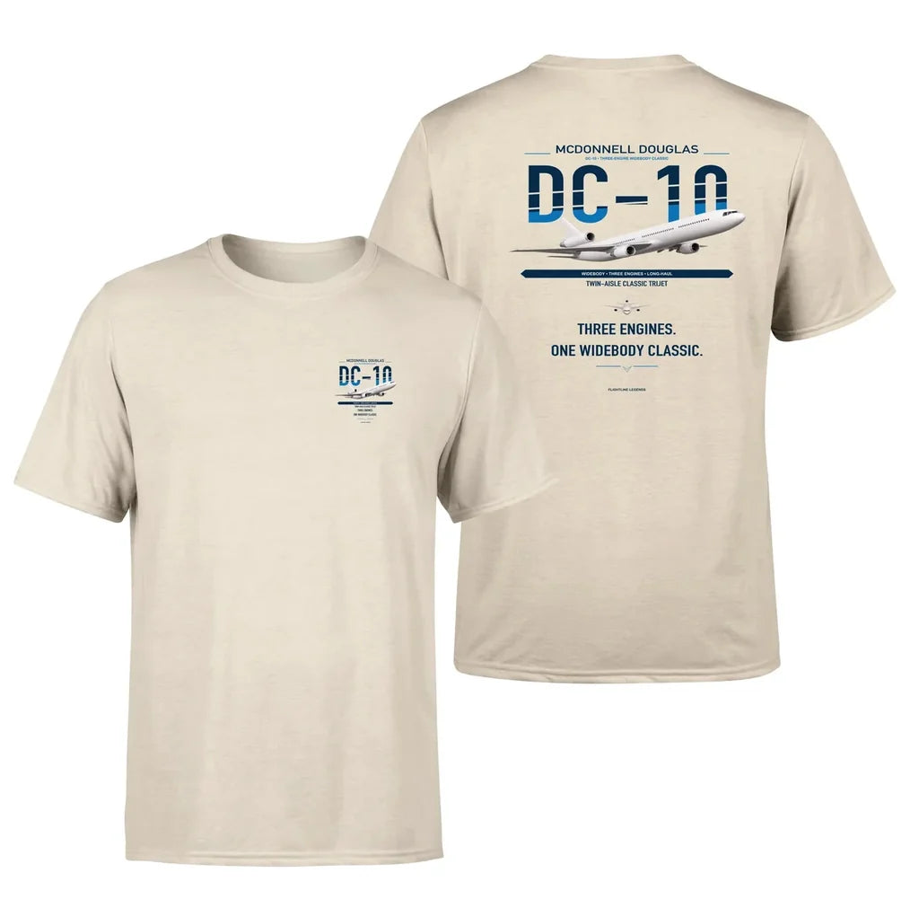 McDonnell Douglas DC-10 design on beige double-side t-shirt, double-side print