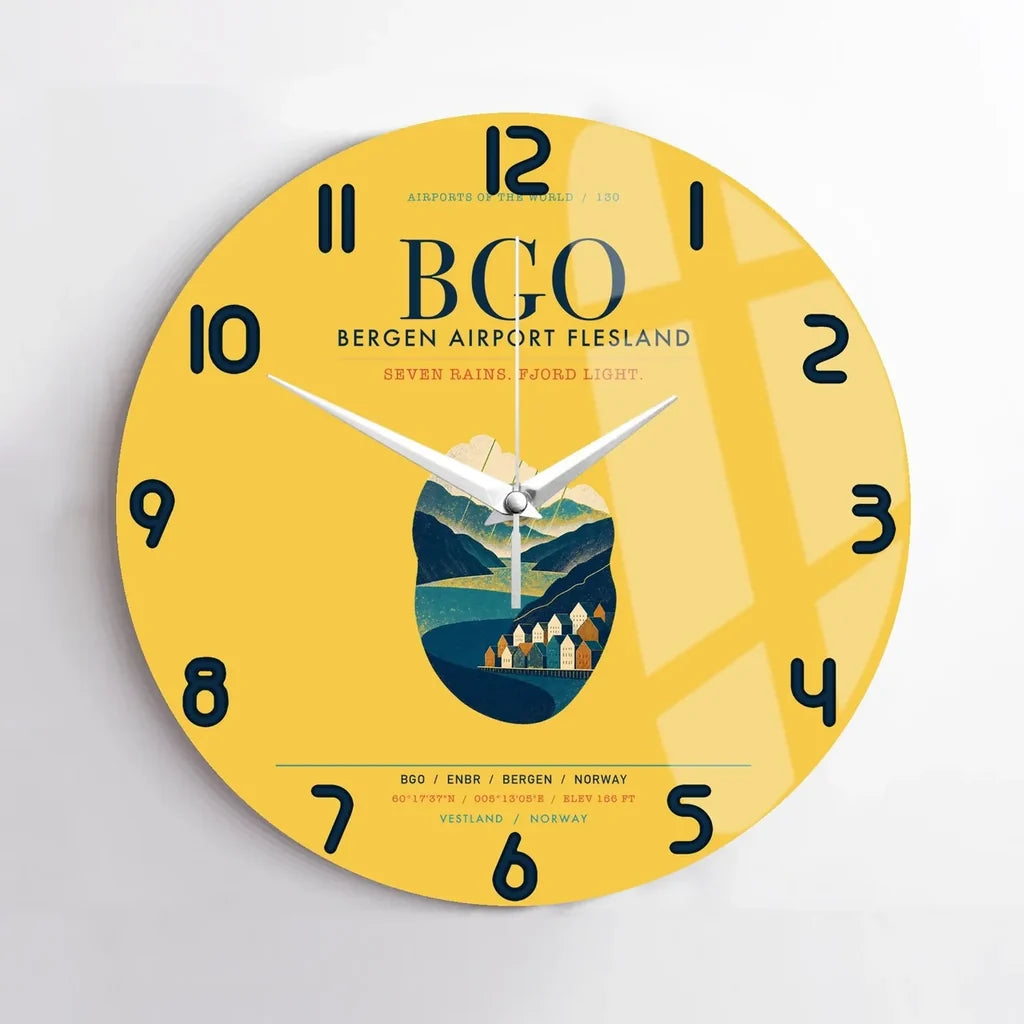 Bergen Airport Flesland (BGO) design on yellow no frame wall clock