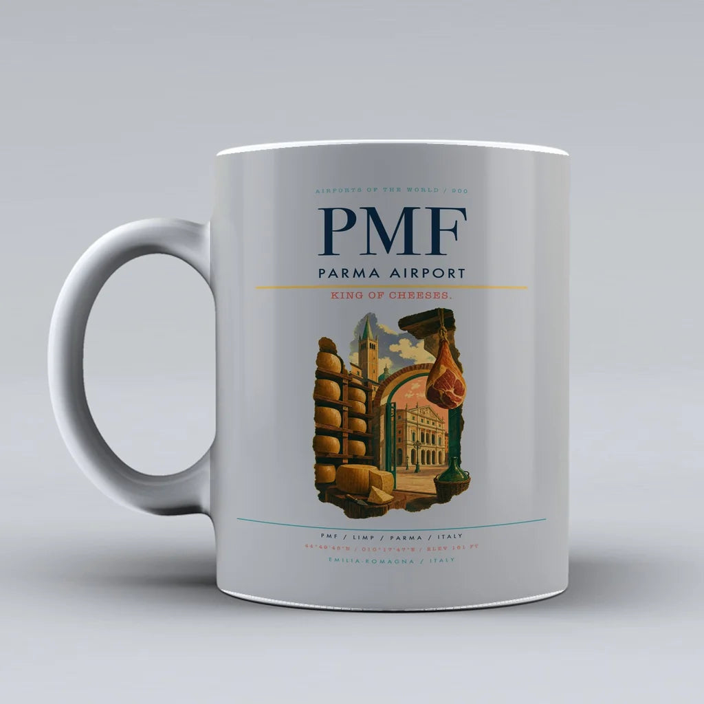Parma Airport (PMF) airport code design on light gray ceramic mug