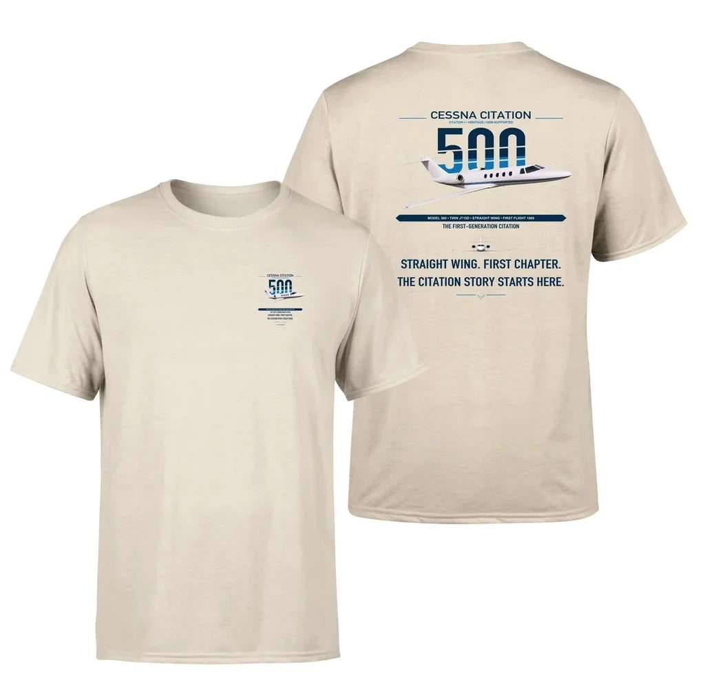 Cessna Citation 500 - Citation I design on beige double-side t-shirt, double-side print