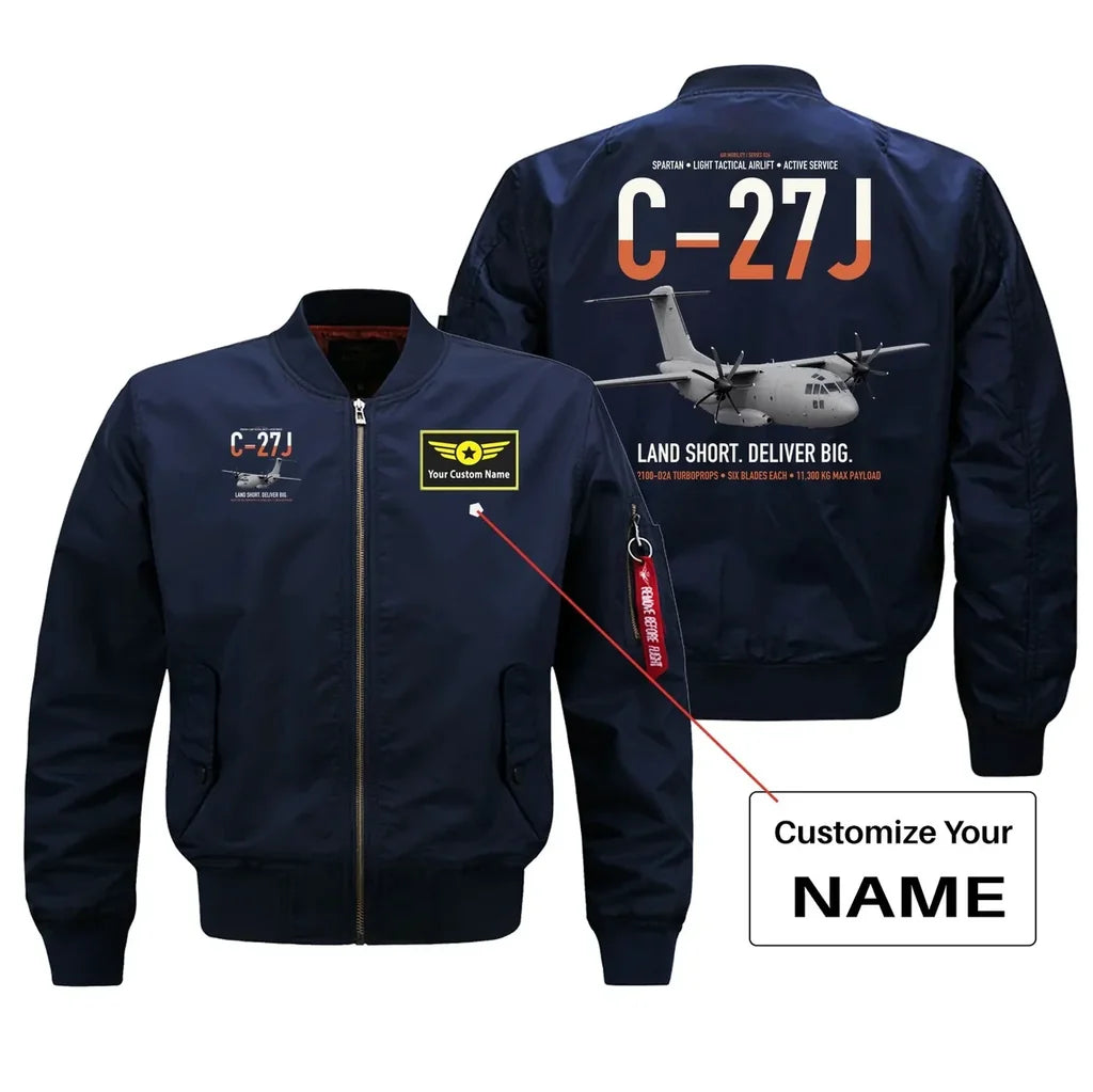 C-27J Spartan design on blue+name bomber jacket, double-side print