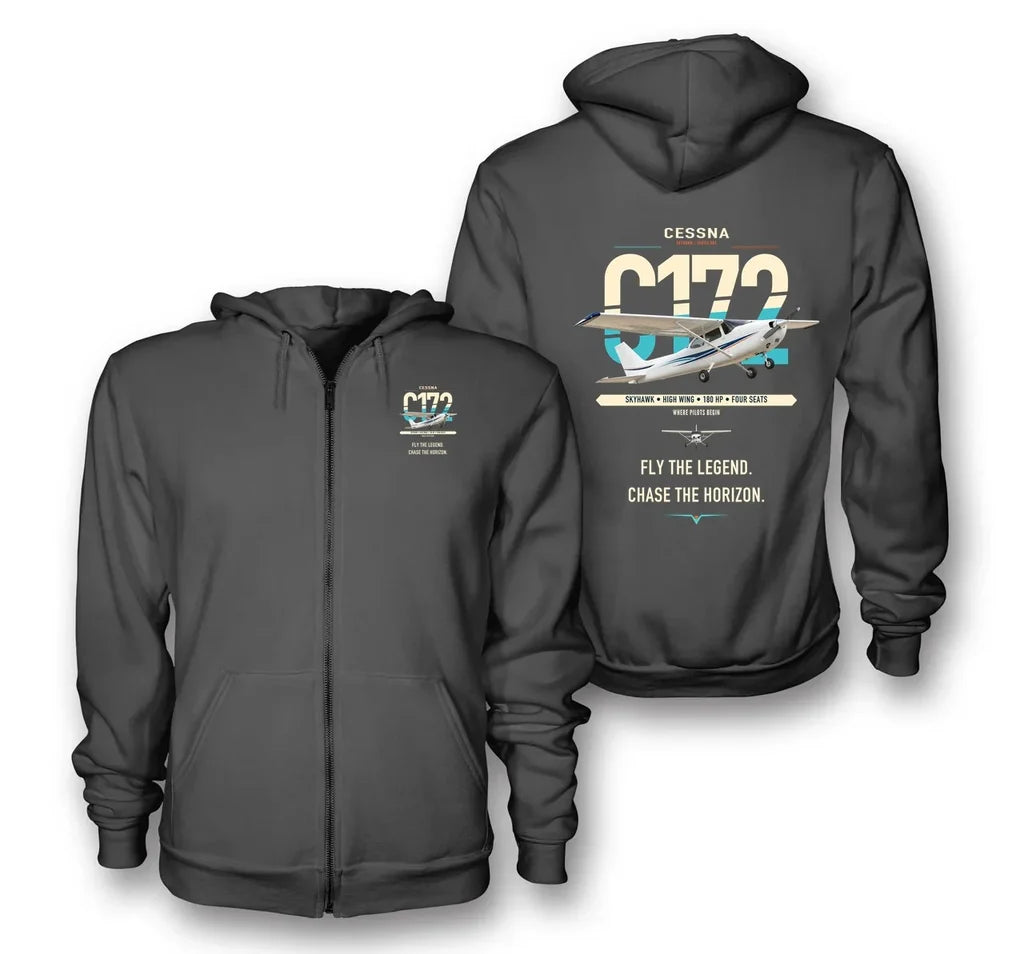 Cessna 172 Skyhawk design on dark gray premium zipped hoodie, double-side print