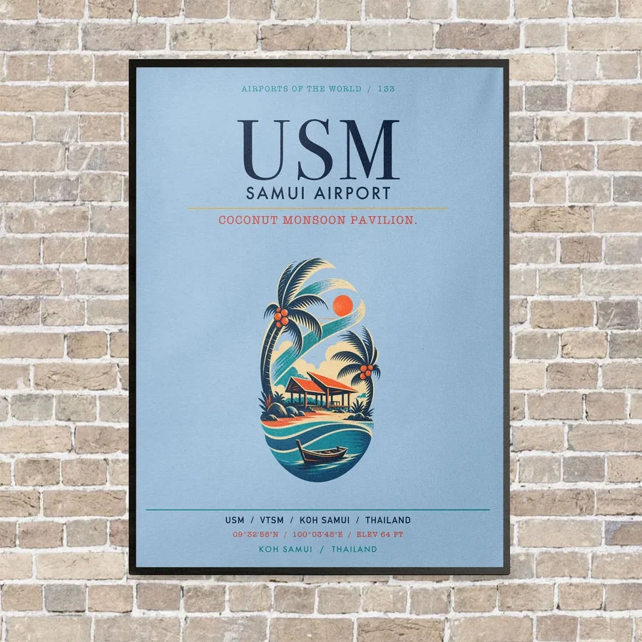 Samui Airport Koh Samui USM vertical canvas print - framed - light blue background