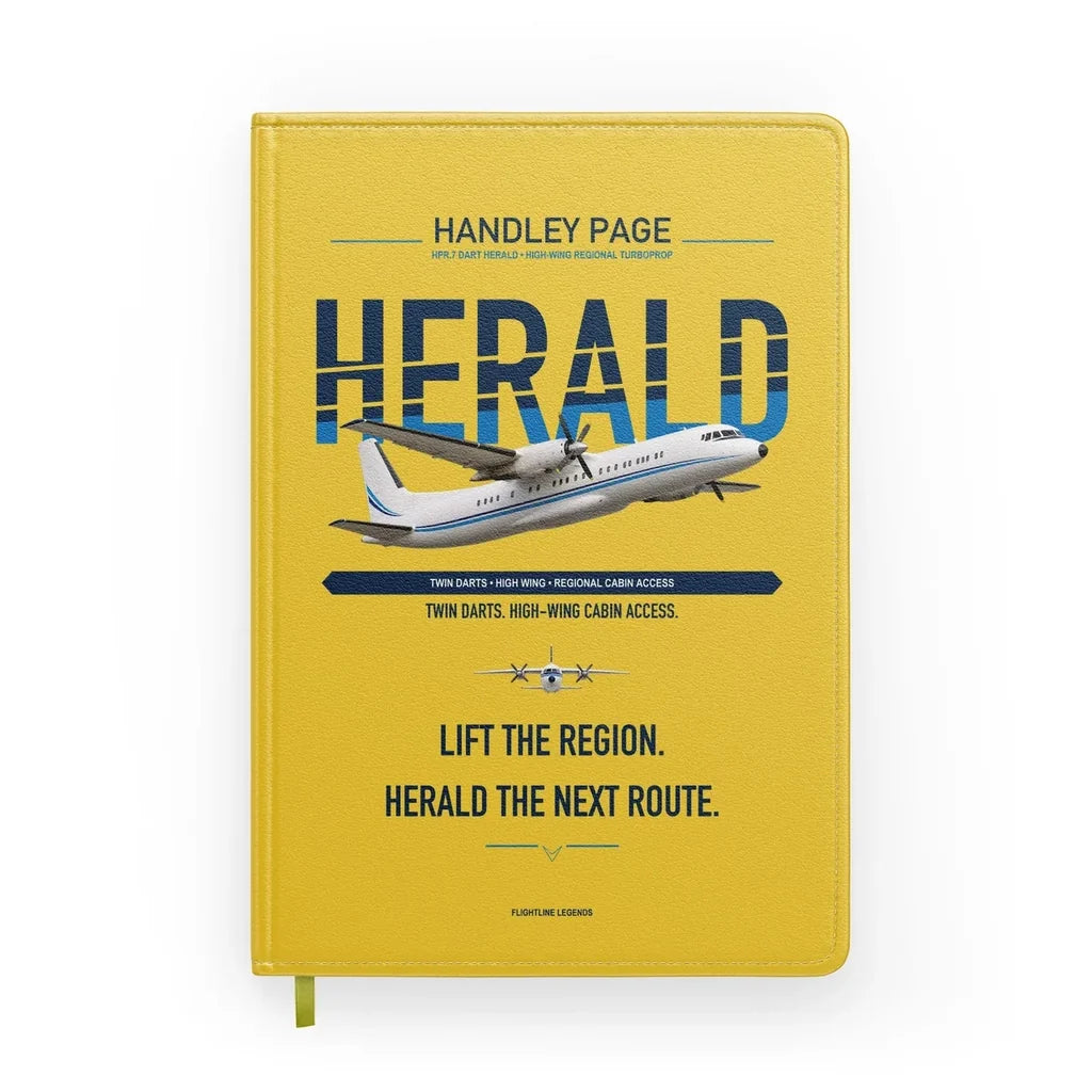 Handley Page HPR.7 Dart Herald design on yellow notebook