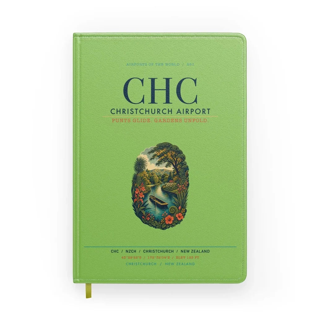 Christchurch Airport (CHC) design on light green notebook