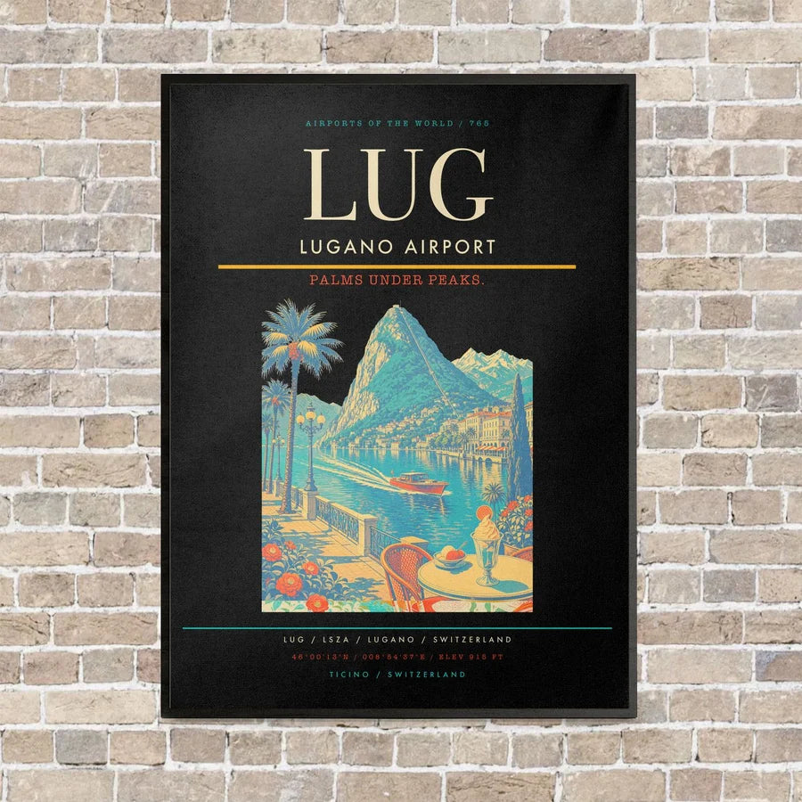 Lugano Airport LUG vertical canvas print - framed - black background