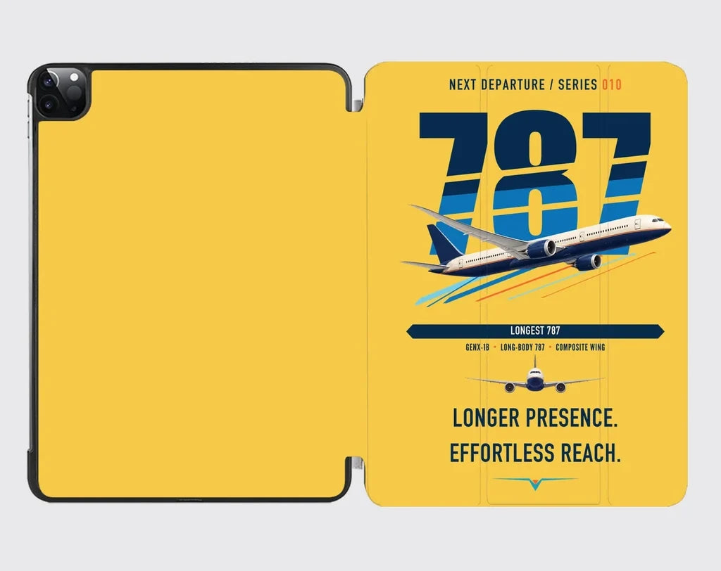 Boeing 787-10 Dreamliner design on yellow ipad tablet case