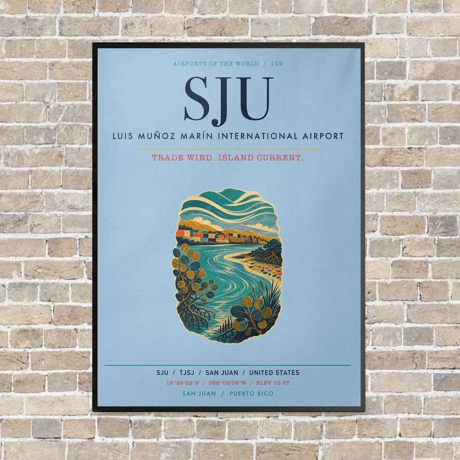 Luis Muñoz Marín International Airport San Juan SJU vertical canvas print - framed - light blue background