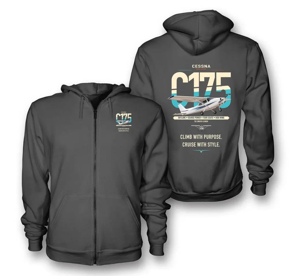 Cessna 175 Skylark design on dark gray premium zipped hoodie, double-side print