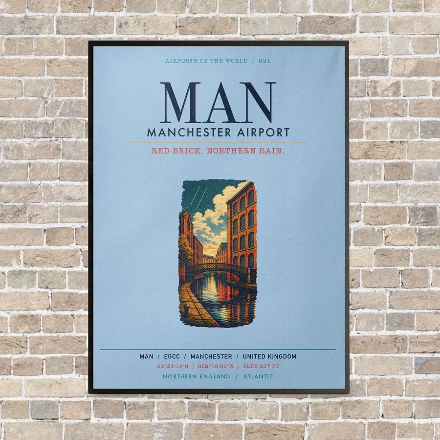 Manchester Airport MAN vertical canvas print - framed - light blue background