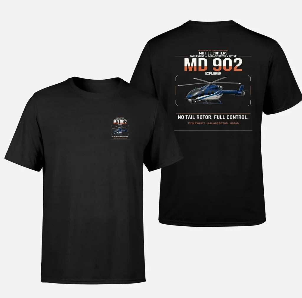 MD Helicopters MD 902 Explorer design on black t-shirt, double-side print