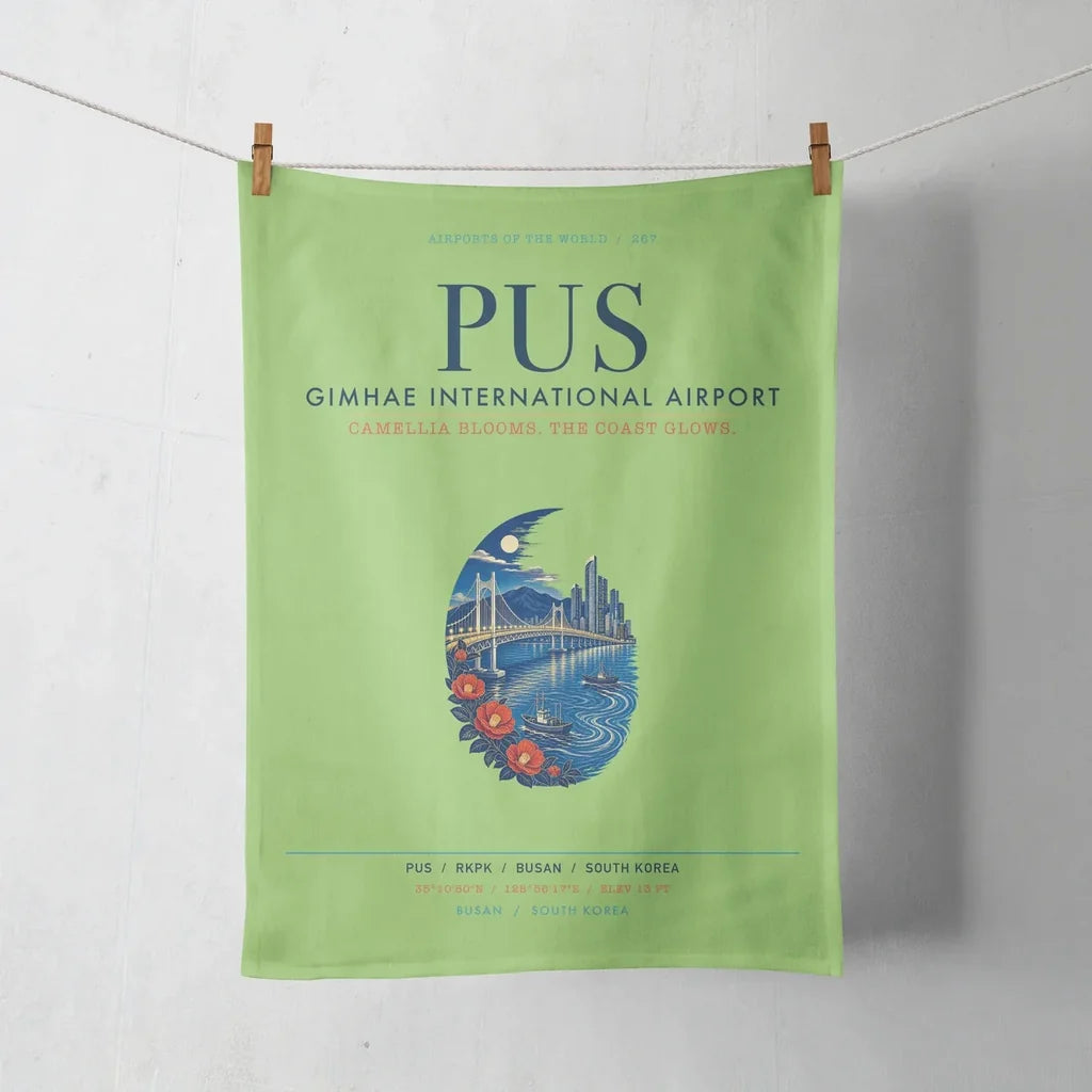 Gimhae International Airport Busan (PUS) design on light green towel