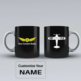 Eat Sleep Fly & Propeller Ceramic White Mugs