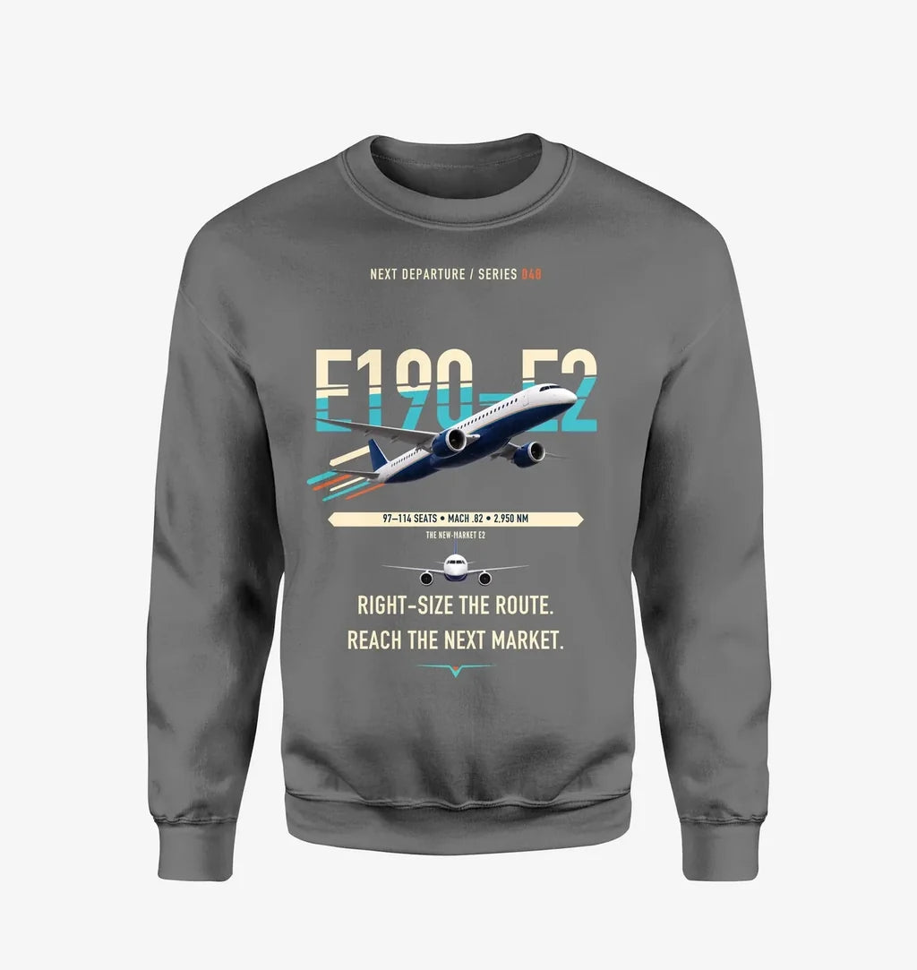 Embraer E190-E2 design on gray sweatshirt