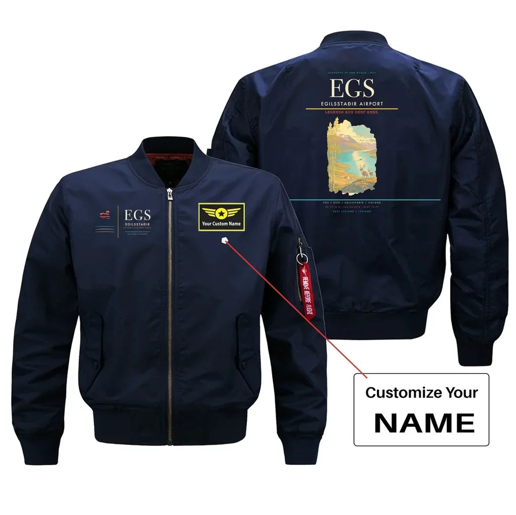 Egilsstaðir Airport (EGS) design on blue bomber jacket with custom name patch