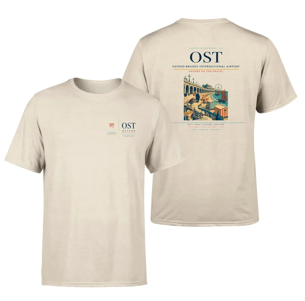 Ostend-Bruges International Airport (OST) design printed on beige double-side t-shirt