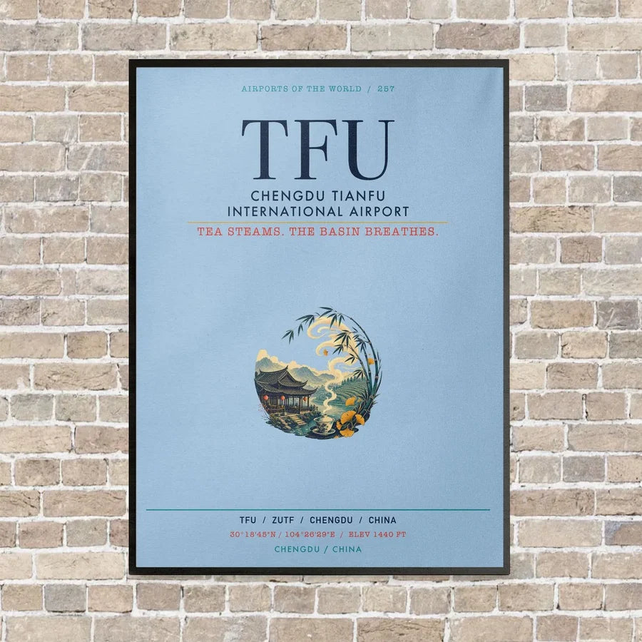 Chengdu Tianfu International Airport TFU vertical canvas print - framed - light blue background