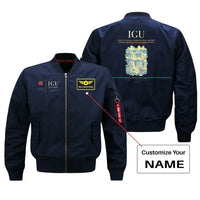 Thumbnail for Foz do Iguaçu International Airport (IGU) design on blue bomber jacket with custom name patch