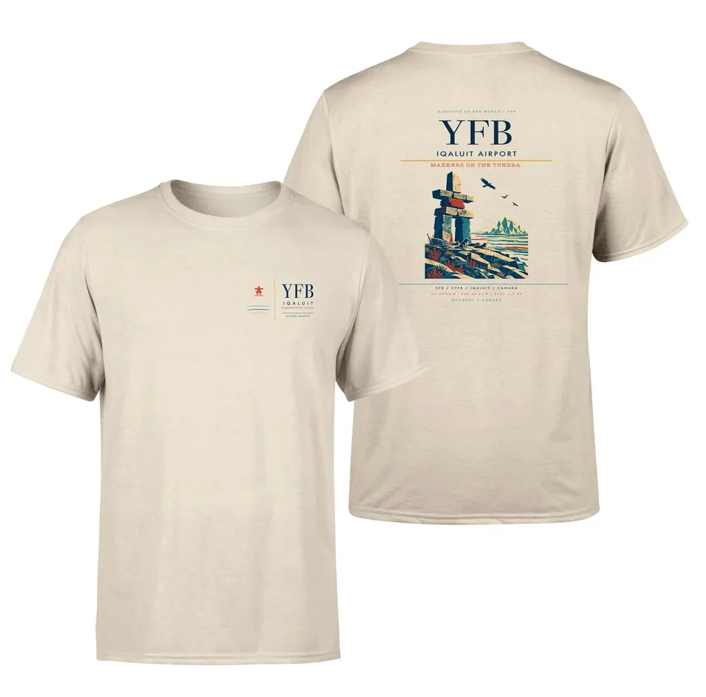 Iqaluit Airport (YFB) design printed on beige double-side t-shirt