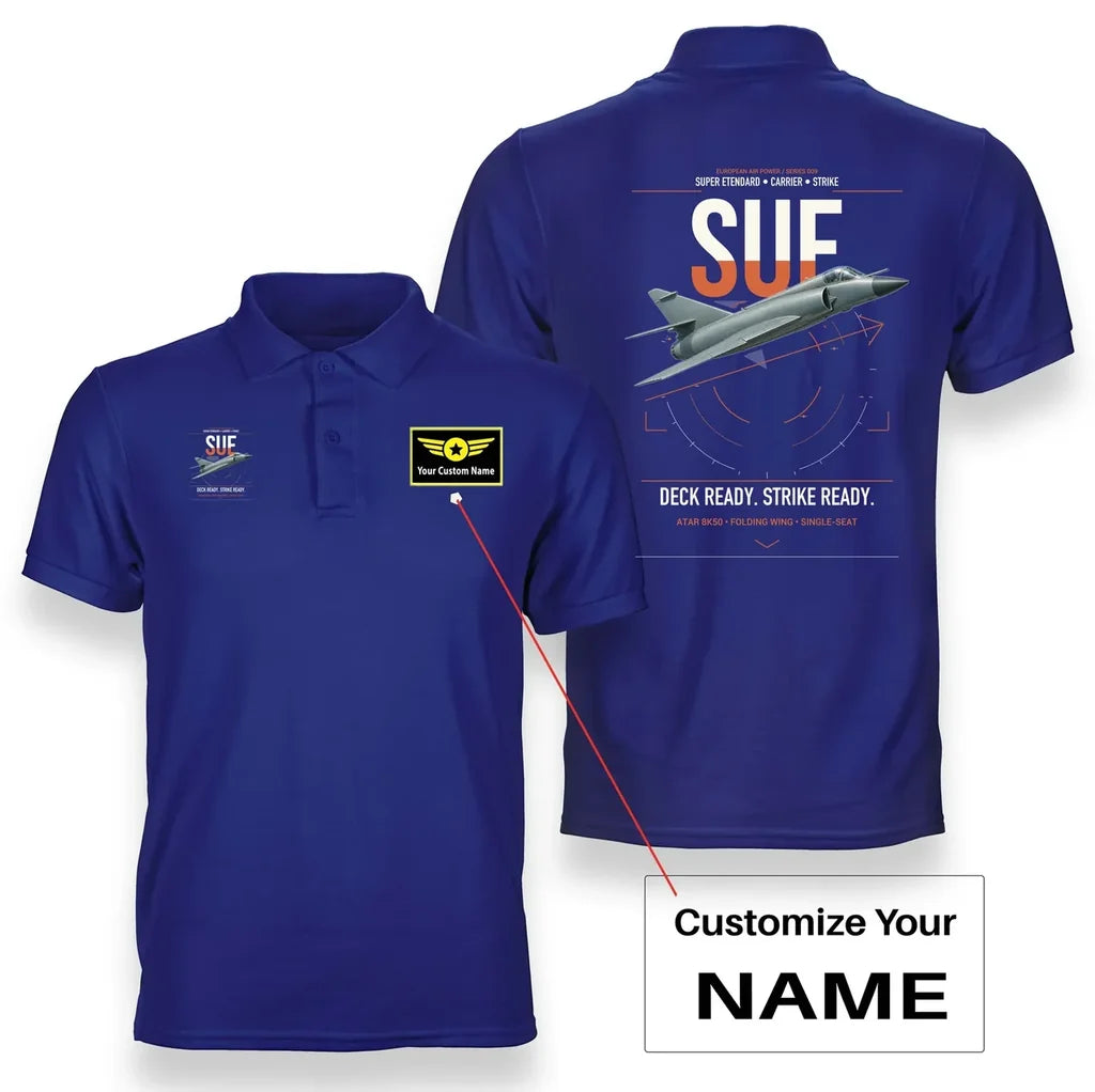 Dassault Super Étendard design on blue+name double-side polo t-shirt, double-side print