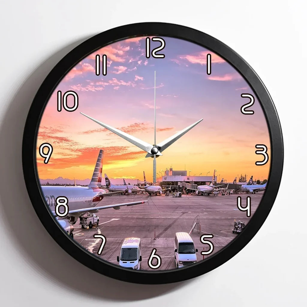 Airport Photo During Sunset aviation design on premium wood and metal wall clock.