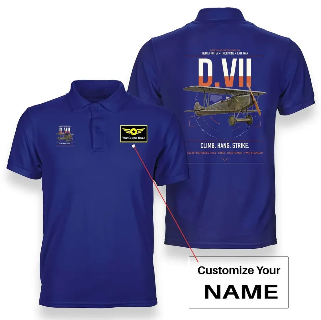 Fokker D.VII design on blue+name double-side polo t-shirt, double-side print