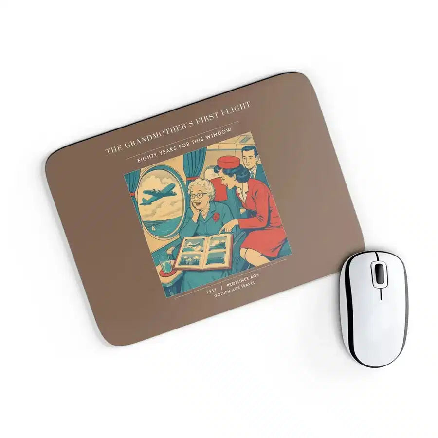 VINTAGE G4423 - The Grandmother's First Flight - Designed Mouse Pads design on brown rectangle