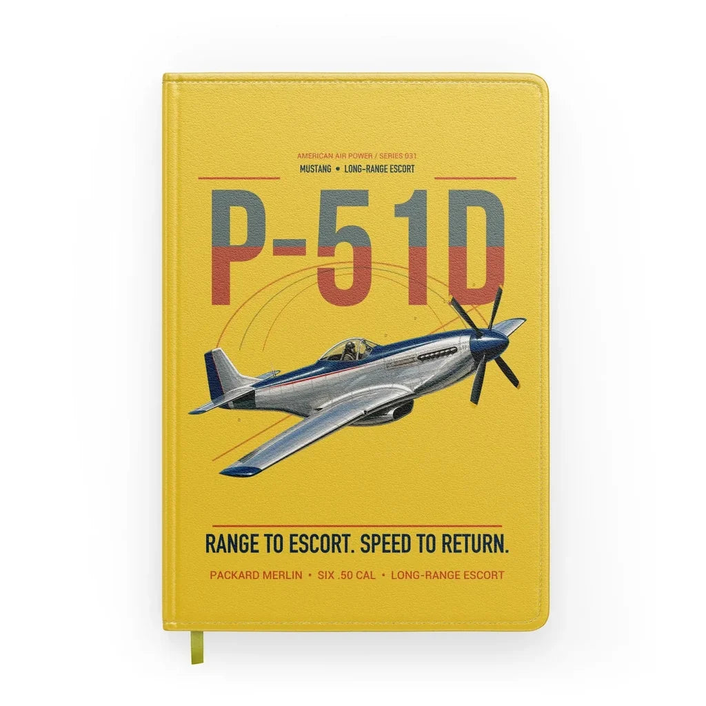 P-51D Mustang design on yellow notebook