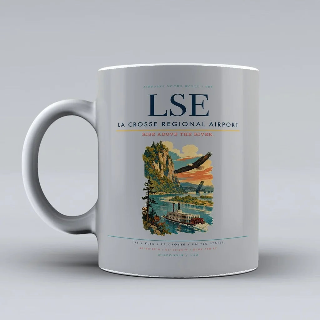 La Crosse Regional Airport (LSE) airport code design on light gray ceramic mug