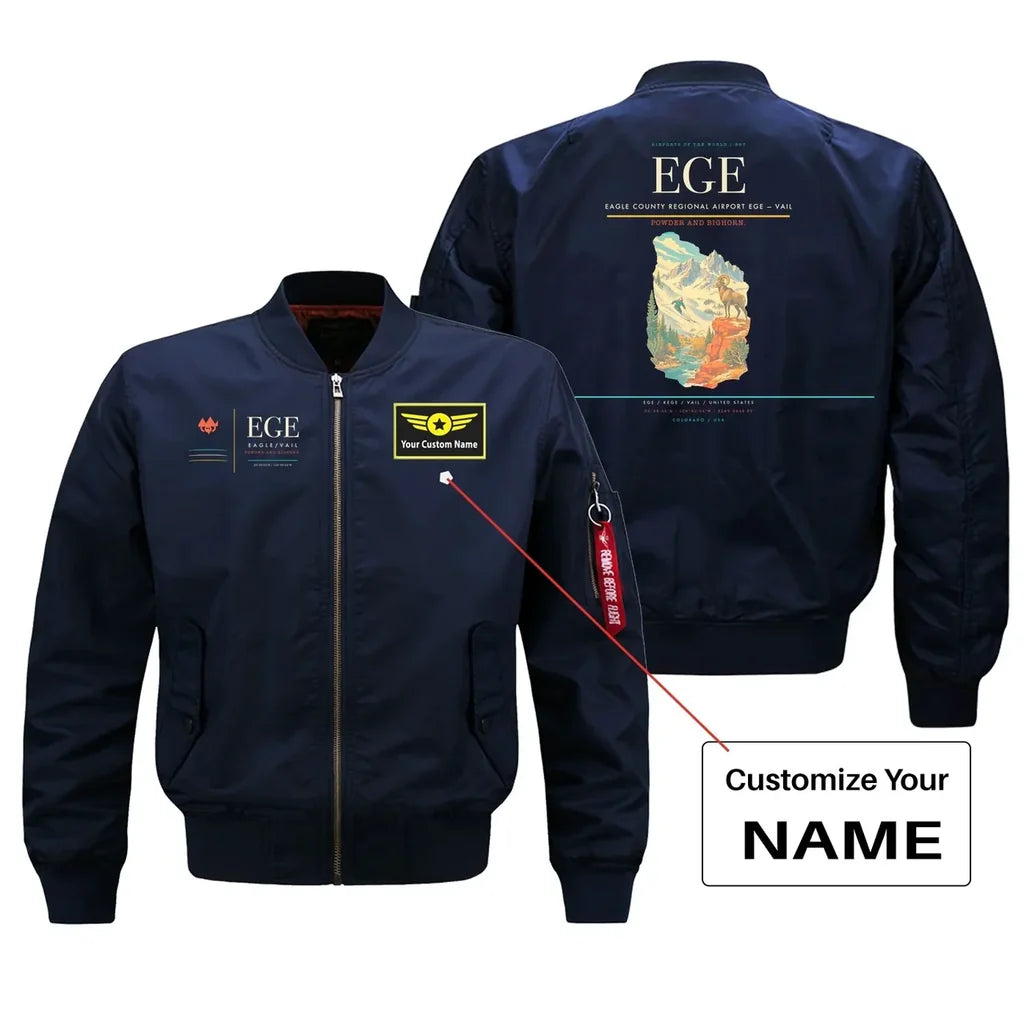 Eagle County Regional Airport (EGE) design on blue bomber jacket with custom name patch