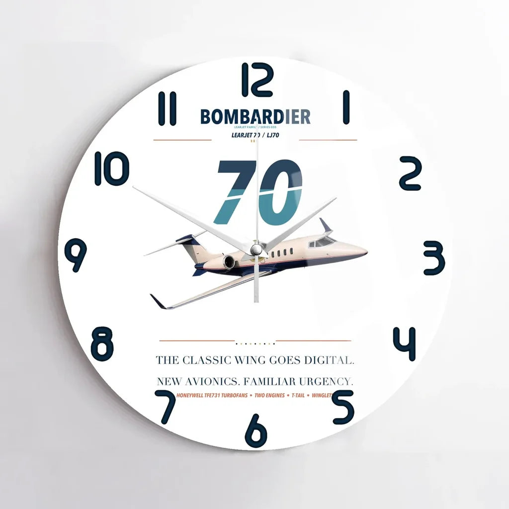 Bombardier Learjet 70 design on white no frame wall clock