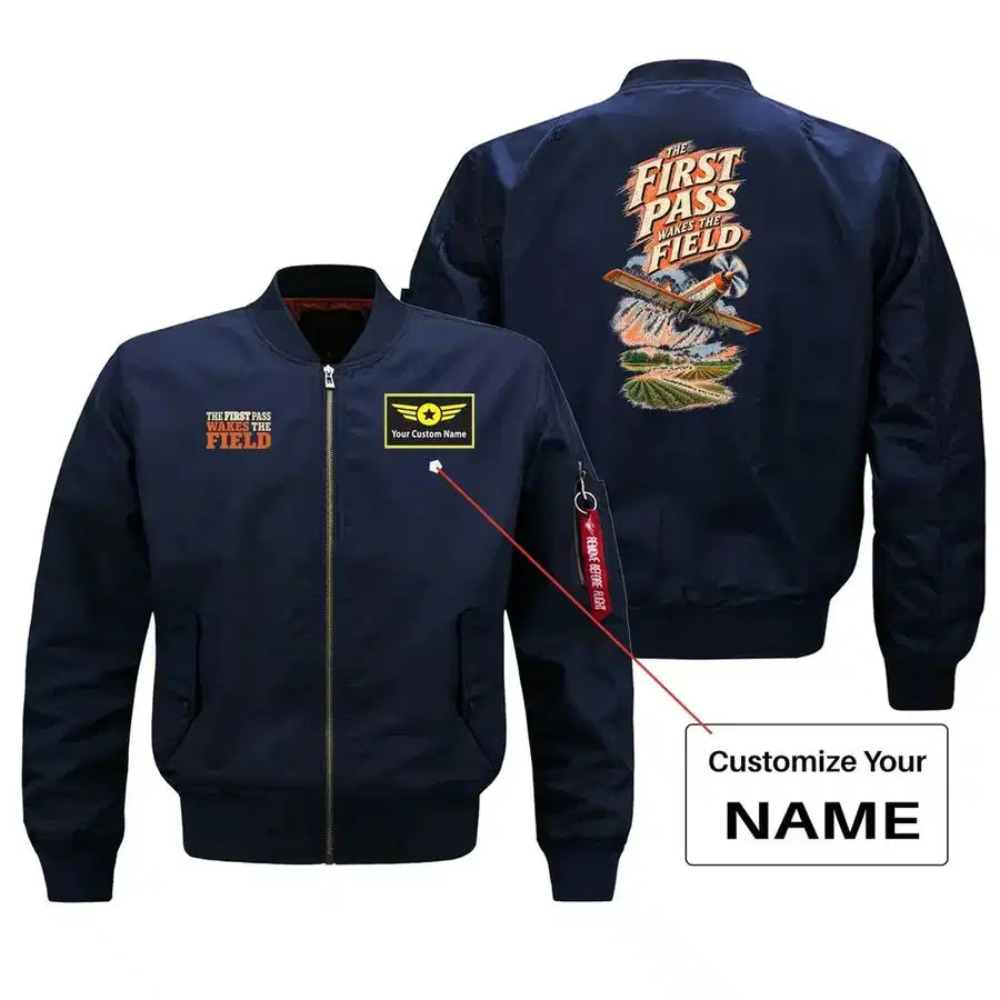 SIGNAL 651 - The First Pass Wakes The Field - Bomber Jacket design on blue bomber jacket with custom name badge
