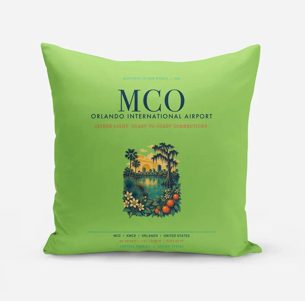 Orlando International Airport (MCO) design on light green pillow