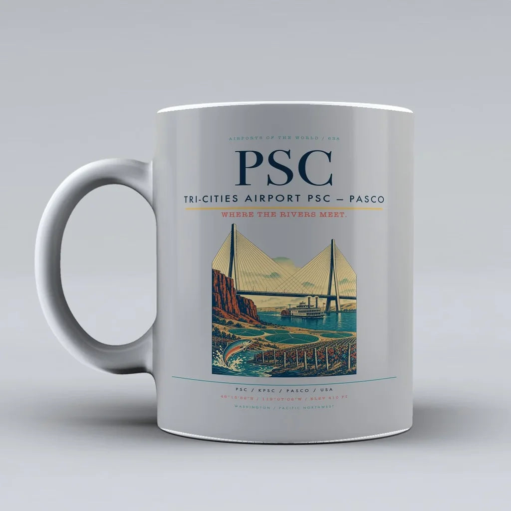 Tri-Cities Airport (PSC) airport code design on light gray ceramic mug