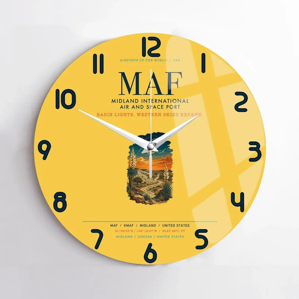 Midland International Air and Space Port (MAF) design on yellow no frame wall clock